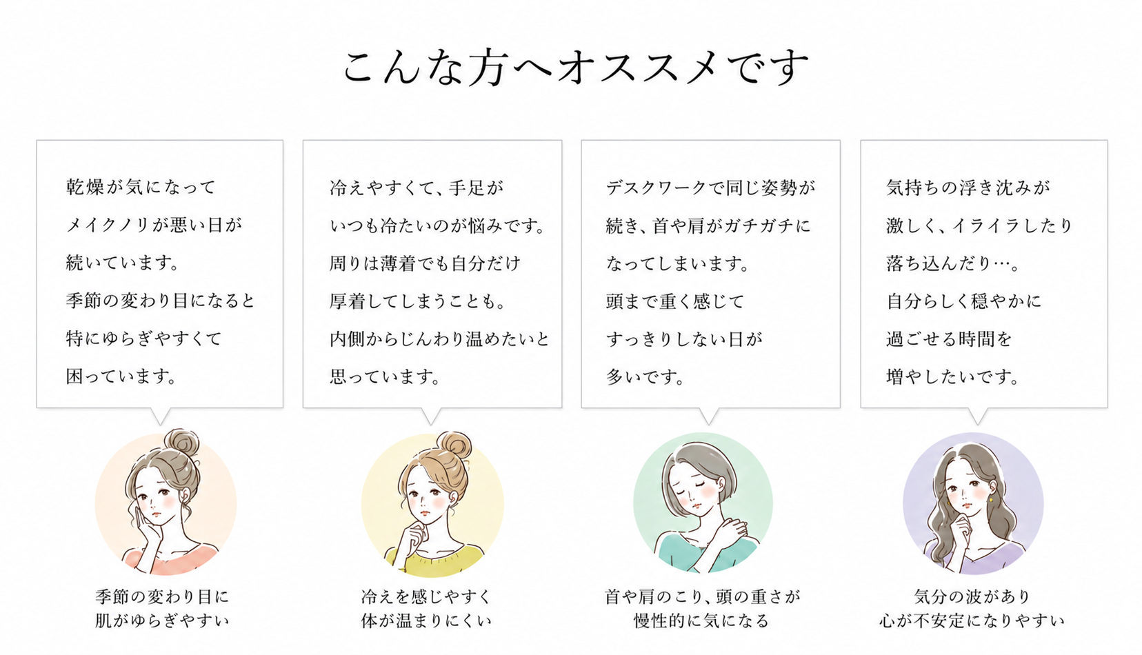 乾燥、冷え、首や肩のこり、気分の浮き沈みなどが気になる方へ